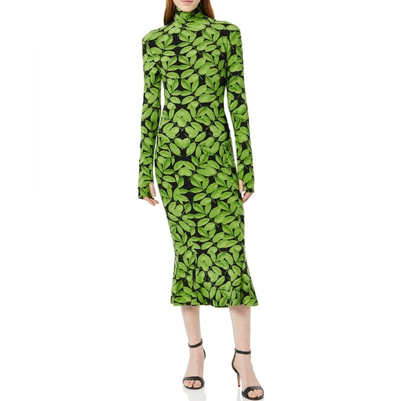 Norma Kamali Dresses & Skirts - Norma Kamali Green Floral Long Sleeve Turtle Fishtail Dress to Midcalf XS NWT